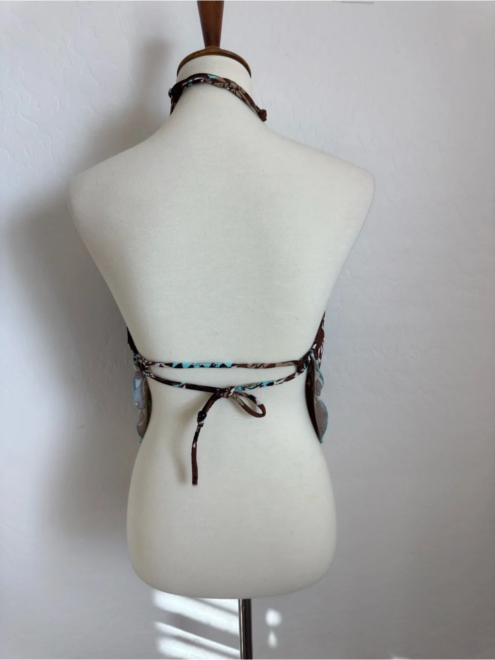 Y2K Venus Strapless Halter swimsuit Top with Ring Detail - Brown & Teal Print